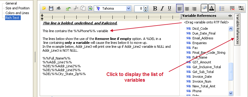 The design interface with the variable references list showing. Several variables have been dragged on to the form to show an address and phone number.